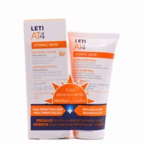 foto del duplo de leti AT4 con el sol como pegatina uniendo los botes de la protrección solar facial pieles atópicas y la crema hidratante pieles atópicas