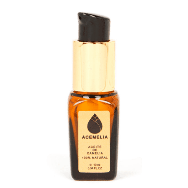 bote de aceite de acemelia aceite de camelia en formato pequeño con dosificador y dibujo de camelia en forma de gota