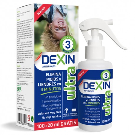 foto de la caja y el bote en spray del antipiojos dexin para cuidar la cabeza de los mas peques mostrando foto de un niño boca abajo dejando ver su melena cuidada
