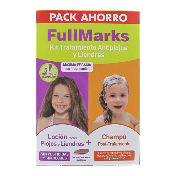 foto del pack antipiojos full marks con el pack desenredante antipuiojos y el champú y foto de una niña con melena en muy buen estado