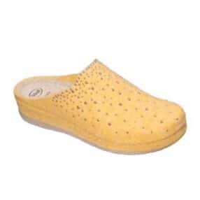 foto de las zapatillas de señora Dr Scjoll Inverness yellow en donde se ve su fieltro amarillo para el invierno y sus detalles luminosos de strass con plantilla memory cushion y suela impact absorver