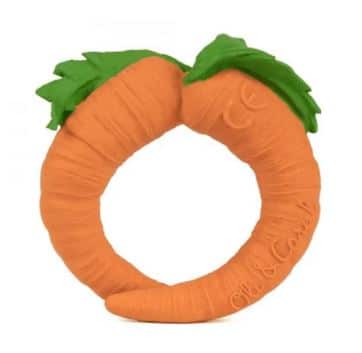 foto del mordedor sesorial de cathy the carrot de la colección frutas y vegetales con forma redonda de facil agarrado