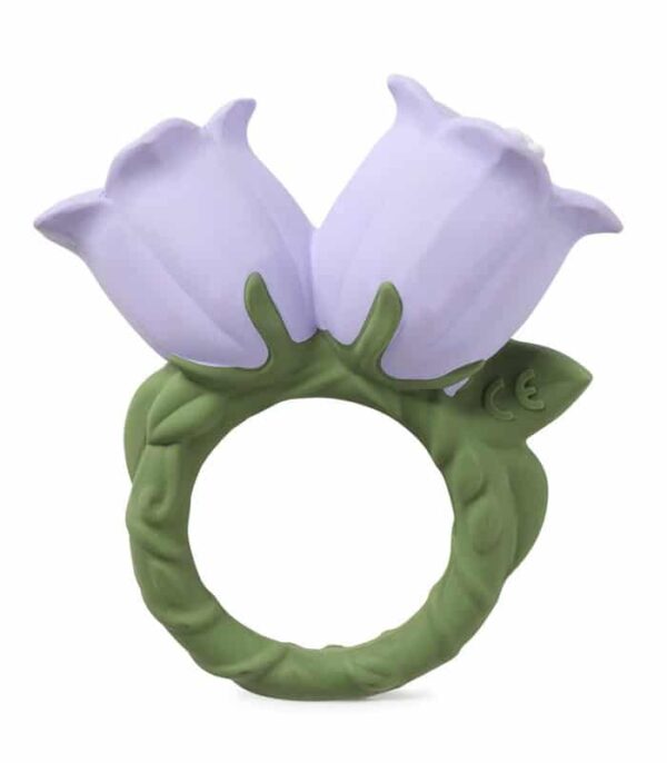 foto de mordedor para bebes con forma de bellflower o flor campanilla dobl con dos flores y un asa redondo que hace el tallo con diferentes texturas