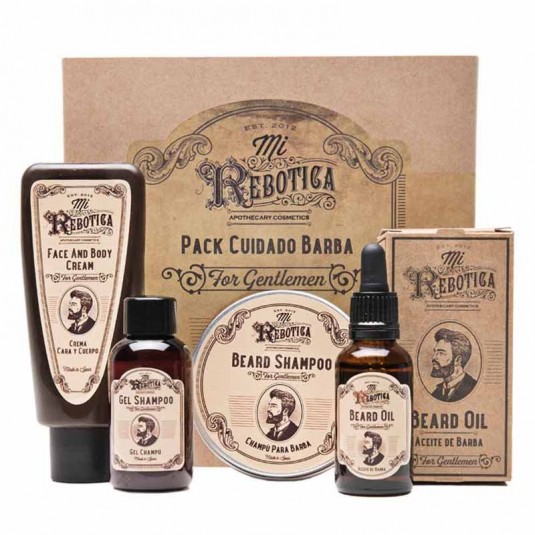 Regalos para padres originales con foto de la caja en papel craft y dibujos vintage con todos los productos para el cuidado de la barba