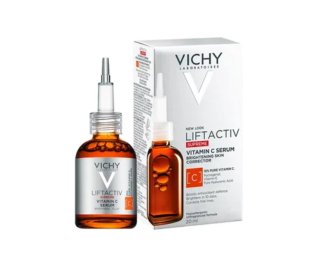 Vichy Vitamina C Liftactive en donde se ve su nuevo formato en pipeta y la caja con toda la información de su formula novedosa
