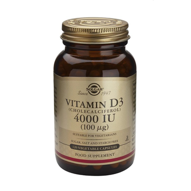 foto de la vitamina D3 de solgar en su bote en donde se muestra que es de 4000 ui y lleva 60 comprimidos