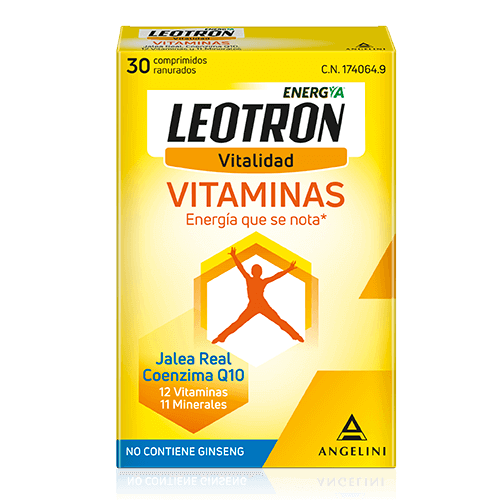 foto de la caja de leotron vitaminas mitalidad en donde se ve que lleva comprimidos para 30 días y con una foto de una persona saltando llena de vida