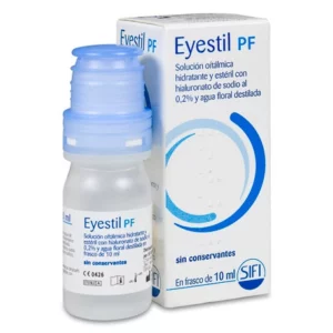 foto del colirio y la caja de Eyestil PF para el tratamiento de los ojos secos e irritados con duración de 6 meses tras apertura