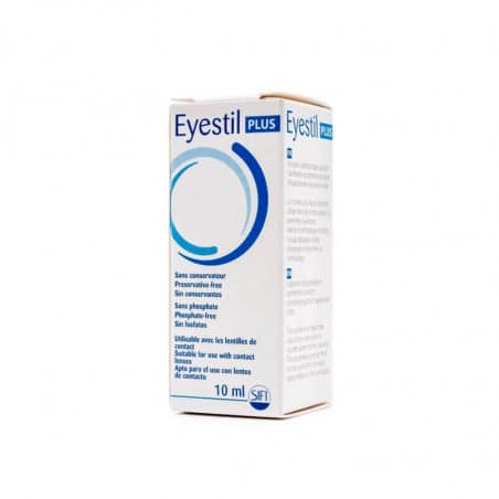 foto de la caja de eyestil Plus para el cuidado de los ojos irritados y ojos secos con el doble de ácido hialurónico y una composición de extractos vegetales más completa y antiirritación