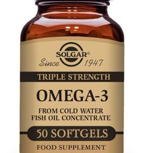 bote de omega 3 solgar con cincuenta comprimidos en donde se ve su bote tradicional de vitaminas
