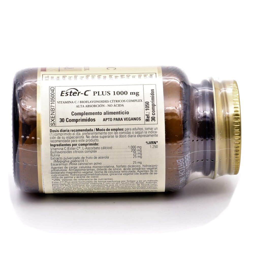 parte trasera del bote de capsulas de vitamina C de solgar en donde se ve su composición con su patente registrada Ester C
