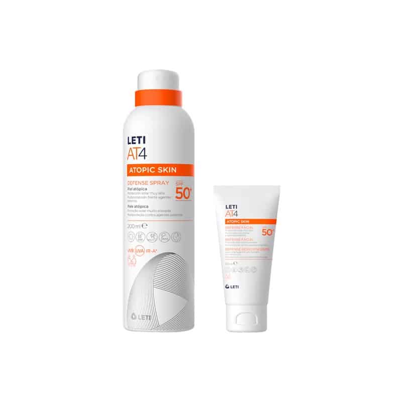 foto de ambos productos en el pack ahorro de leti at4 atopic skin con protector solar facial y corporal para pieles atopicas siendo el corporal en spray u el facial en crema