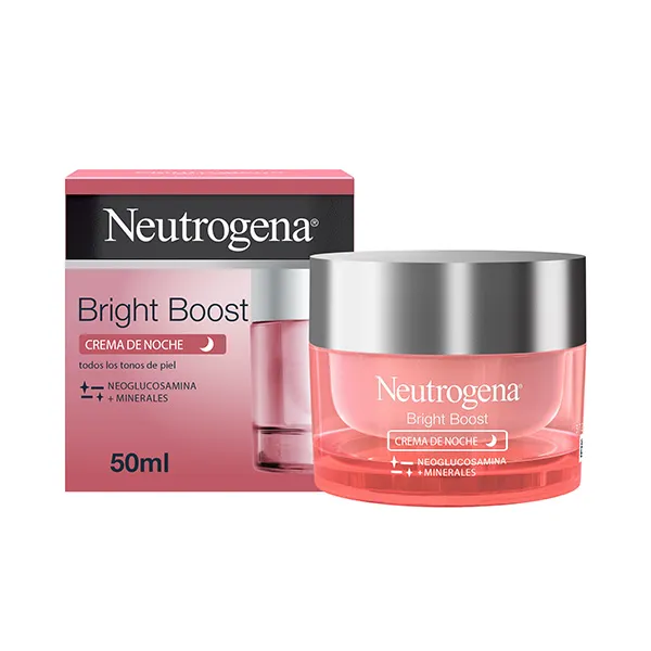 foto de la caja y bote de Crema Neutrogena cara Bright Boost Noche 50 ml con una luna dibujada sobre su packaging rosa