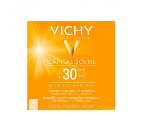 foto de la caja de Maquillaje Vichy compacto Capital soleil en donde se ve su protección 30 en el centro y un sol con el que identificar su gama capital solei y la V de vichy