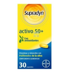 foto de supradyn activo 50+ en donde se ve su packaging amarillo con la foto de unas ojas de oliva por sos polifenoles de olvia y caja de 30 unidades